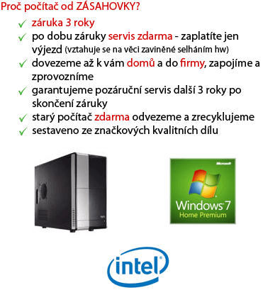 Proč počítač od ZÁSAHOVKY - záruka 3 roky, po dobu záruky servis zdarma - zaplatíte jen výjezd (vztahuje se na věci zaviněné selháním hw), dovezeme až k vám domů a do firmy, zapojíme a zprovozníme, garantujeme pozáruční servis další 3 roky po skončení záruky, starý počítač zdarma odvezeme a zrecyklujeme, sestaveno ze značkových kvalitních dílu